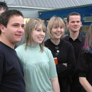 Students standing outside the Folkestone Campus at its launch (open 2007 - 2013).