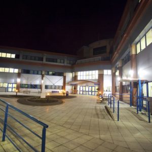 Exterior of Broadstairs Campus at night.