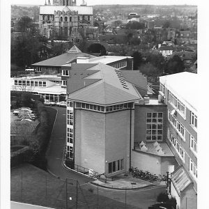 Looking over the roof of Newton Building to the Student Union and the Cathedral behind.